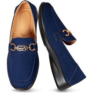 Women's Dark Blue Casual Comfortable Metal Buckle Slip On Flat Loafers Shoes